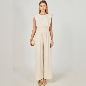Endless Rose Cream Padded-Shoulder Wide-Leg Jumpsuit